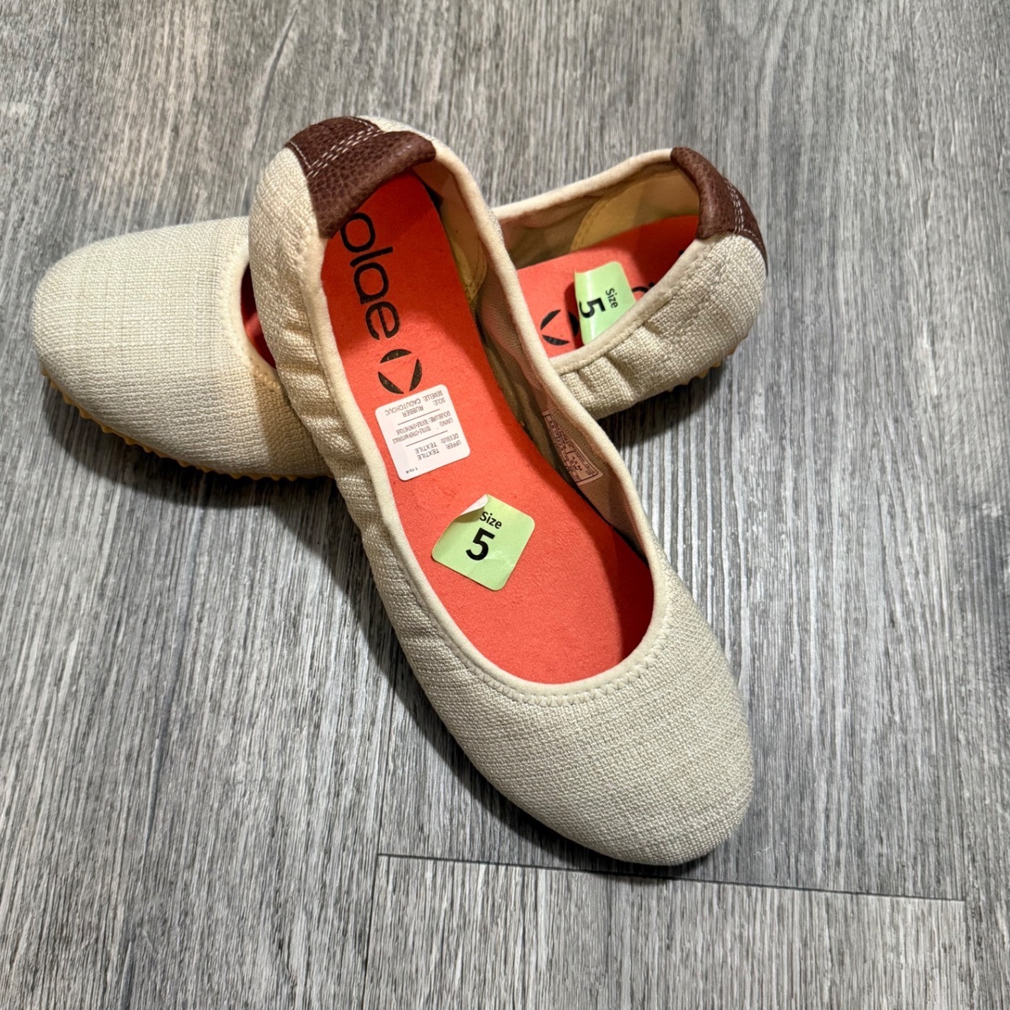 Plae Girls Ballet Flats Beige Linen Textile Studded Gum Sole Shoes Size 5 — image 2 of 8